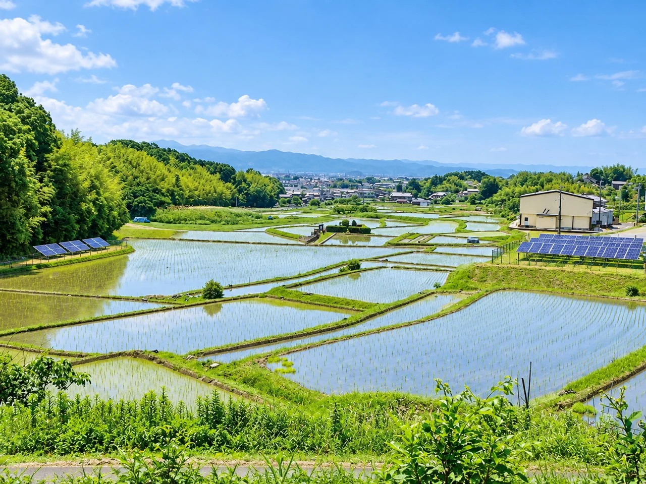 水田、緑の山並みと太陽光パネルがある土地のイメージ
