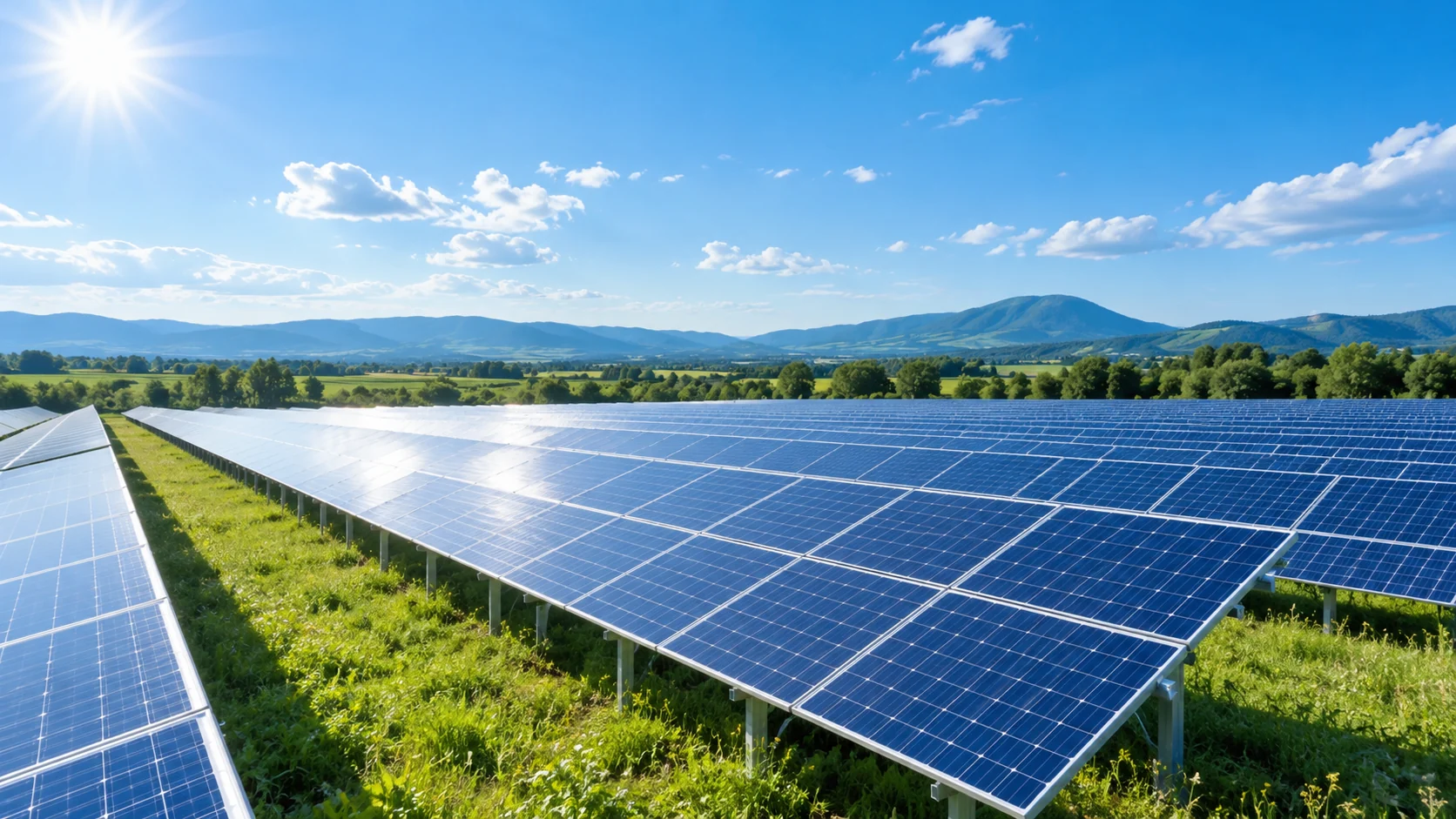 青空と緑に囲まれた太陽光発電所のAI生成イメージ